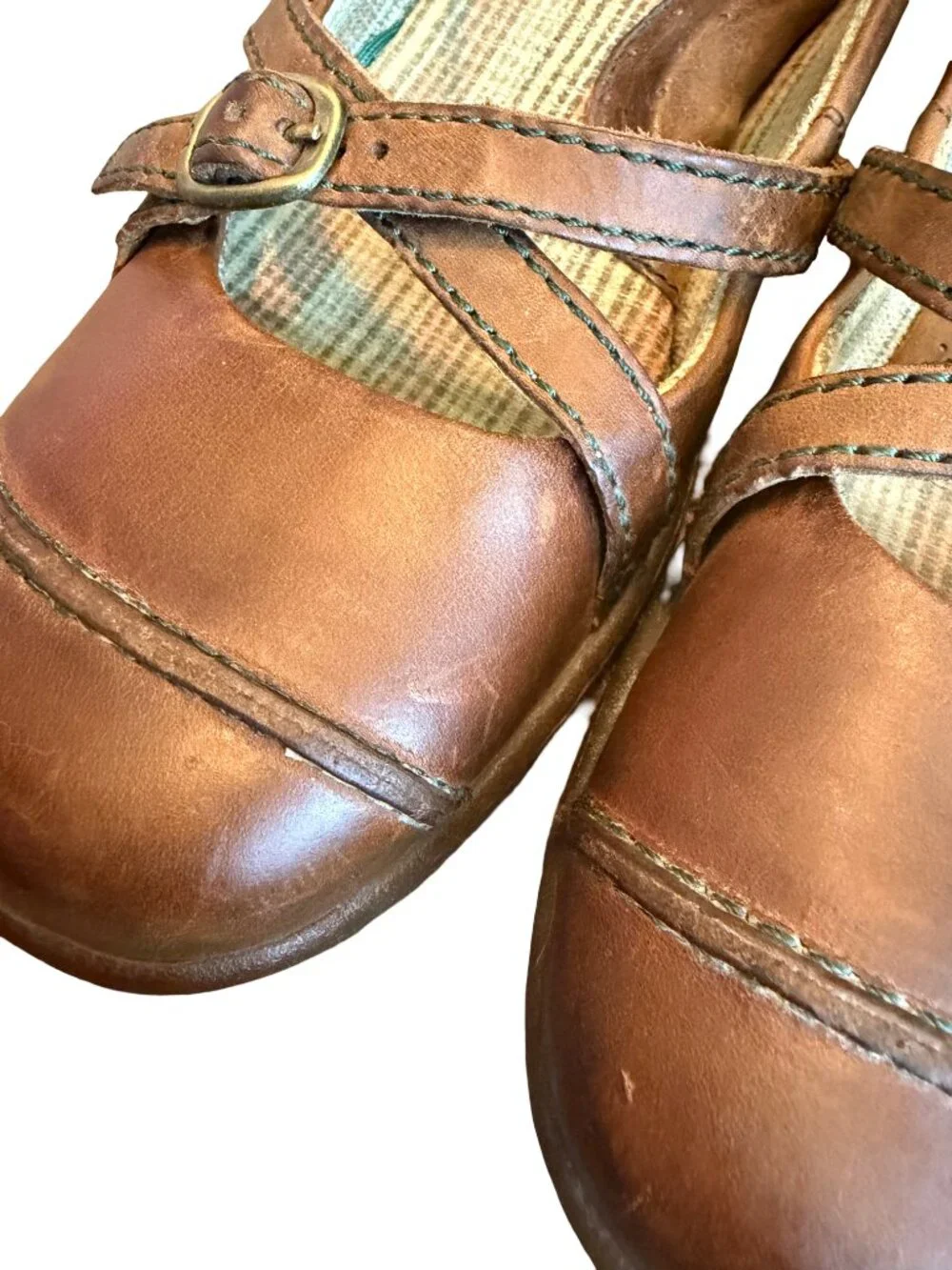 Born Brown Leather Mary Jane Flats Crisscross Strap Buckle Work Size 7.5 Women's
